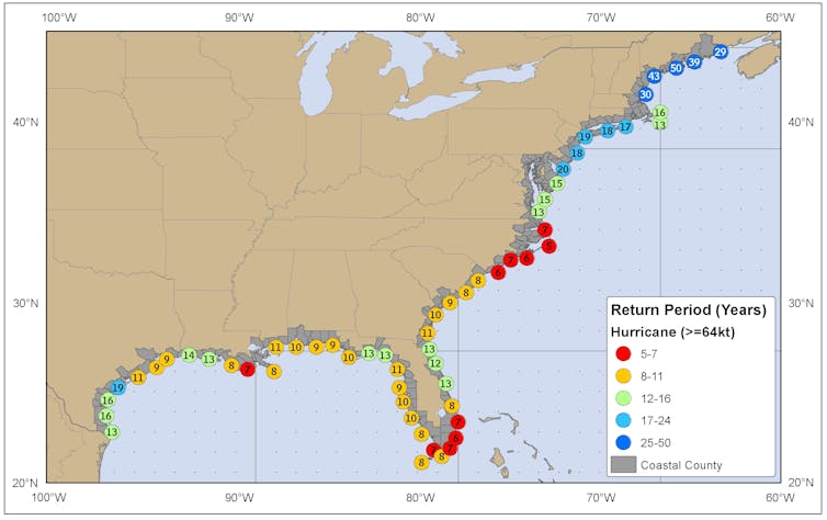 Map showing return periods for coastal counties