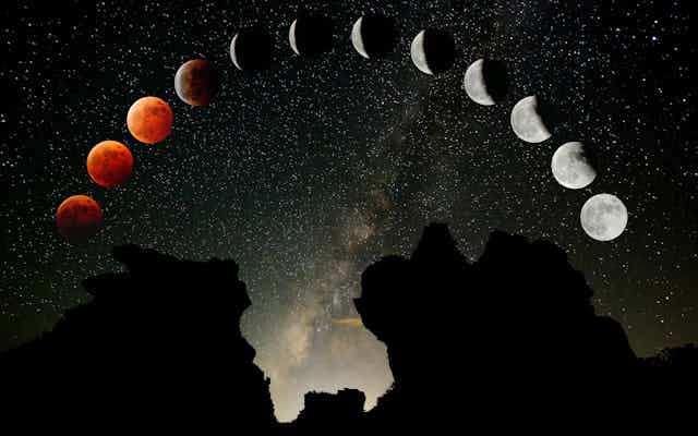 A composite image of a total lunar eclipse over a mountain.