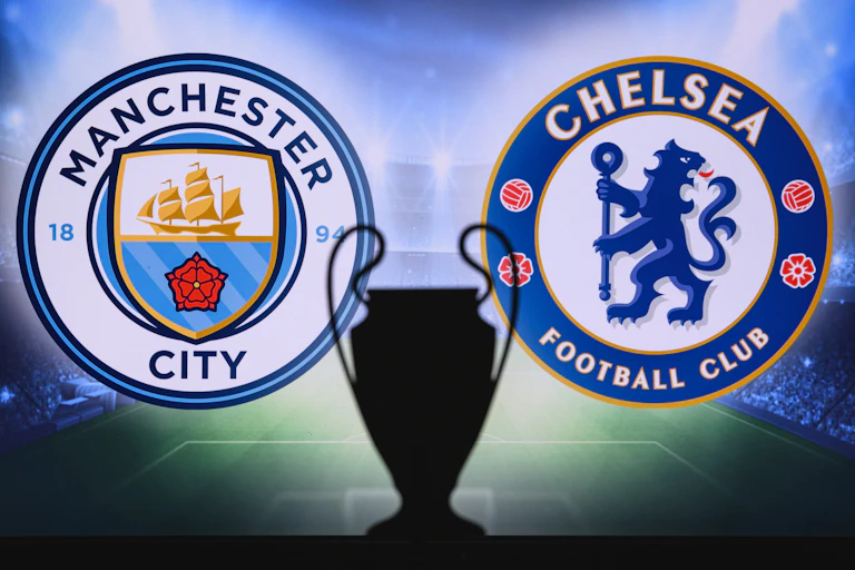 Manchester City and Chelsea club badges, with silhouette of Champions League trophy.