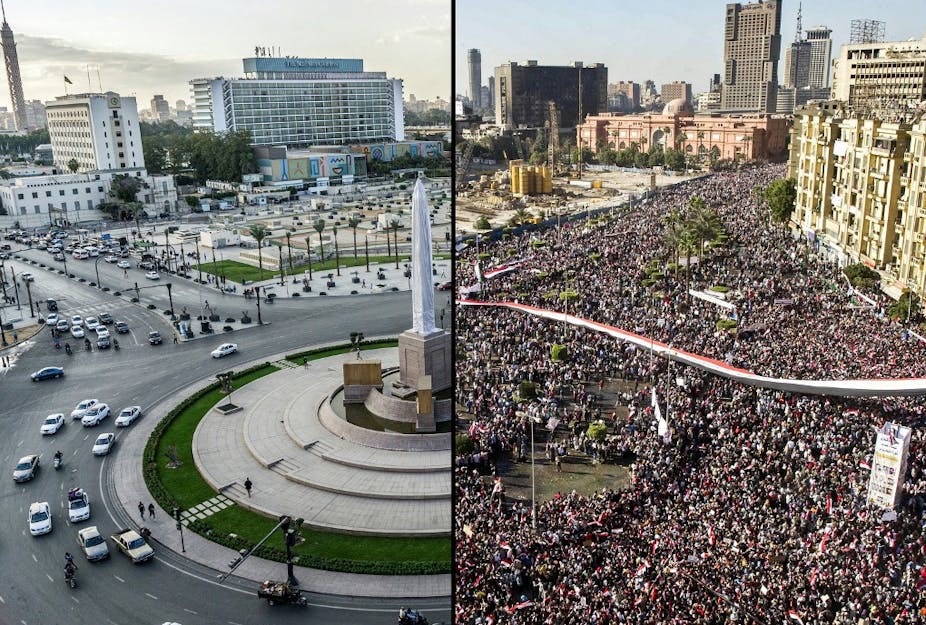 A combination of pictures shows a general view of Cairo's Tahrir Square on February 18, 2011 as it is filled with protesters celebrating the ouster of former president Hosni Mubarak; and the same view almost ten years later in November 2020.