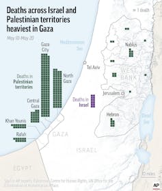 The map shows the majority of the deaths have happened in Gaza City.
