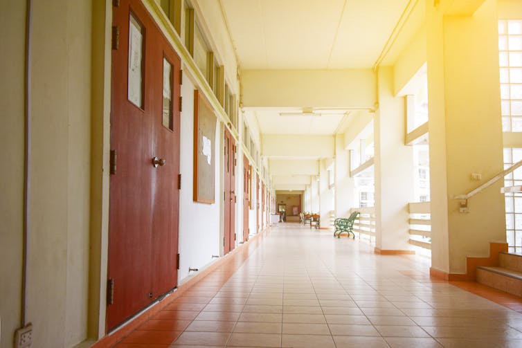An empty campus hallway.