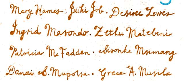 Names of various authors in the book written in ink and in cursive.