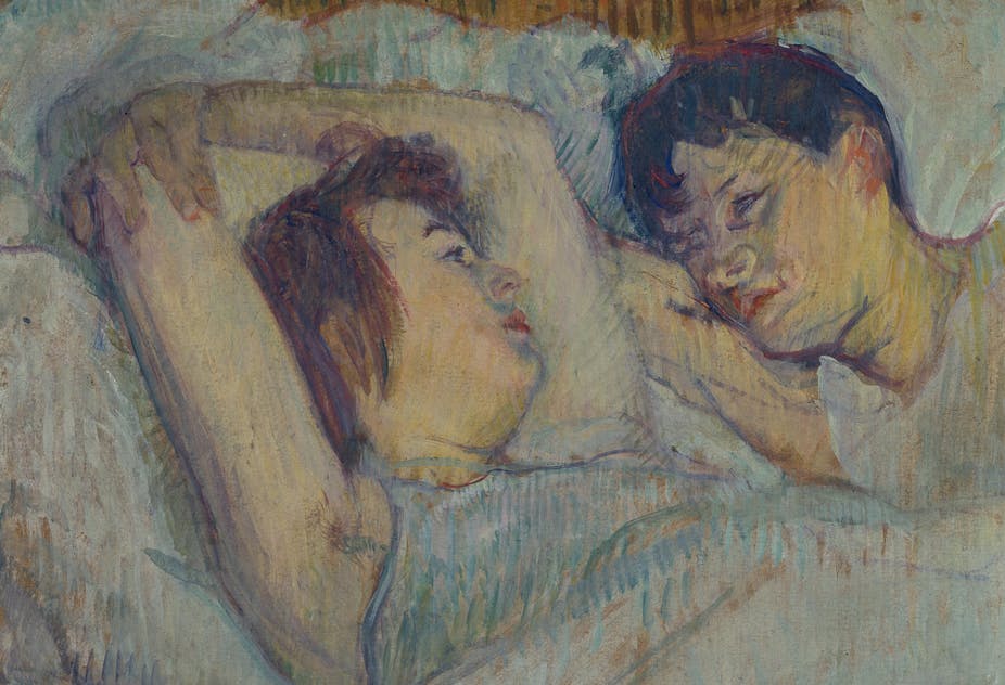 A painting of a woman lying in bed next to a man.