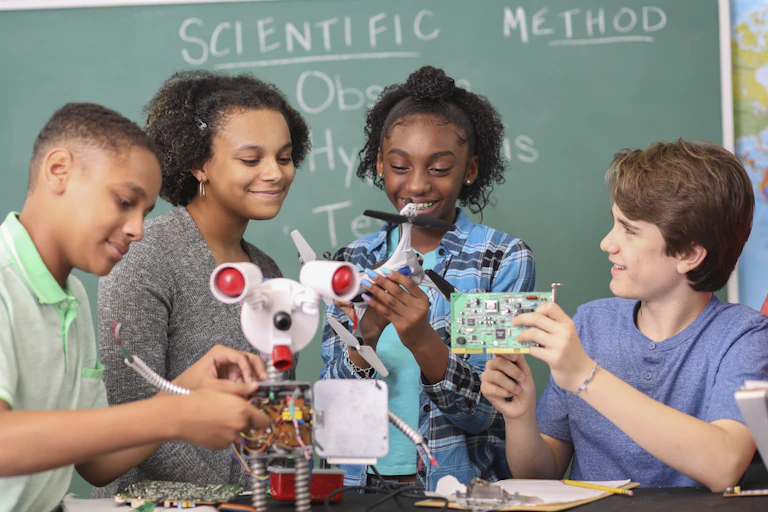 A group of middle school students work together on a robotics project.