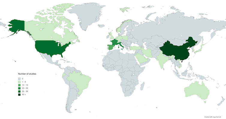 Colour-coded map of the world showing where the studies looked at came from: most came from China, western Europe and the US.