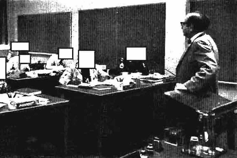 Lambros D. Callimahos teaches his last cryptography class at the NSA, 1976. Students' faces redacted for security reasons.