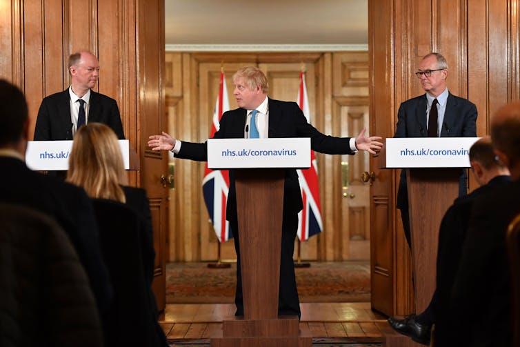 Chris Whitty, Boris Johnson and Patrick Vallance give a press briefing in the early days of the pandemic.