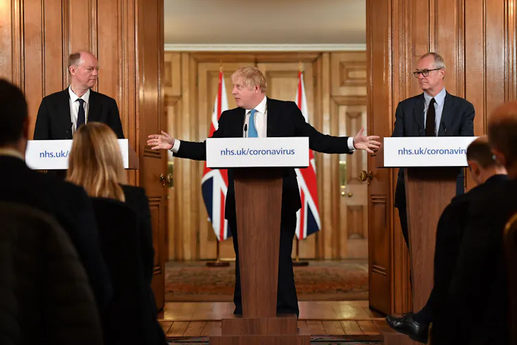 Chris Whitty, Boris Johnson and Patrick Vallance give a press briefing in the early days of the pandemic.