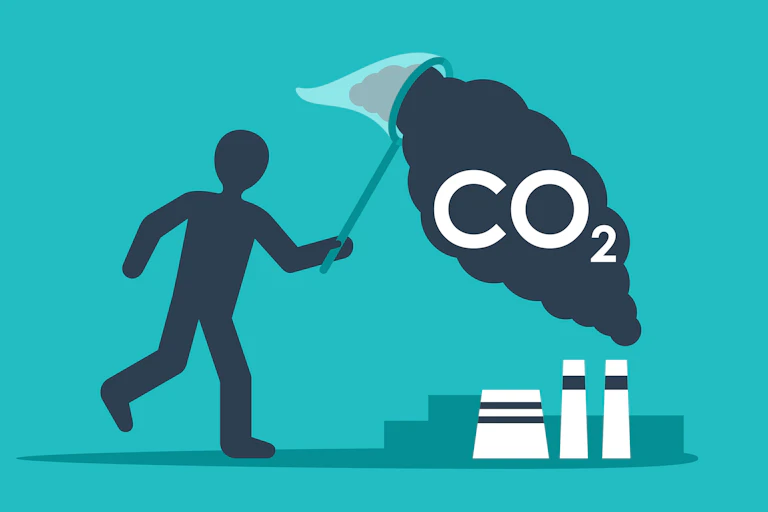 A cartoon of a person catching CO2 from factories in a net.