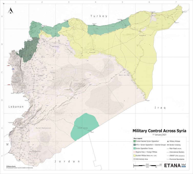 Map of Syria showing areas of control