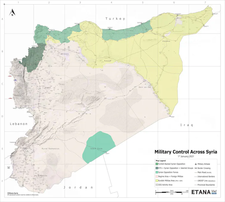 Map of Syria showing areas of control