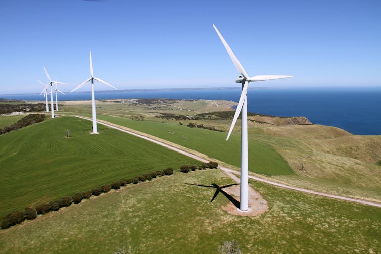 Wind turbines over farm