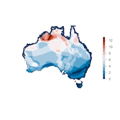 Map of Australia shaded in colours from blue to red.