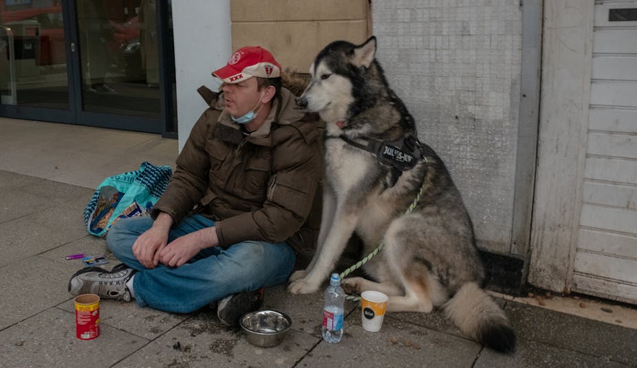 A homeless man and his dog on the streets of Stirling during the COVID-19 pandemic.