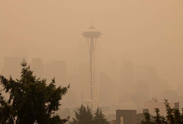 Wildfire smoke obscuring the Seattle skyline