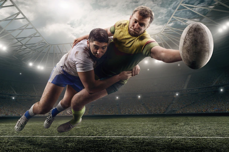 Rugby player wearing white and blue uniform tackes other rugby player wearing yellow and green uniform for a rugby ball in a large stadium