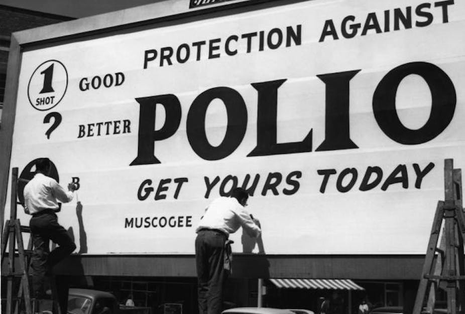 This historical image, which depicted workers creating a billboard in Columbus, Georgia, showing one of the communication modes, the billboard, used to promote public health awareness, in this case, polio vaccinations within a community. This campaign was produced by the former U.S. Department of Health, Education and Welfare's (HEW), Public Health Service (PHS), Bureau State Services (BSS), and what was the Communicable Disease Center (CDC), in cooperation with the Georgia Department of Public Health and the Muscogee Health Department. The billboard, as well as television, magazines, and pamphlets, are only some of the myriad of modalities implemented when information of this kind is disseminated throughout society, and across cultural barriers.