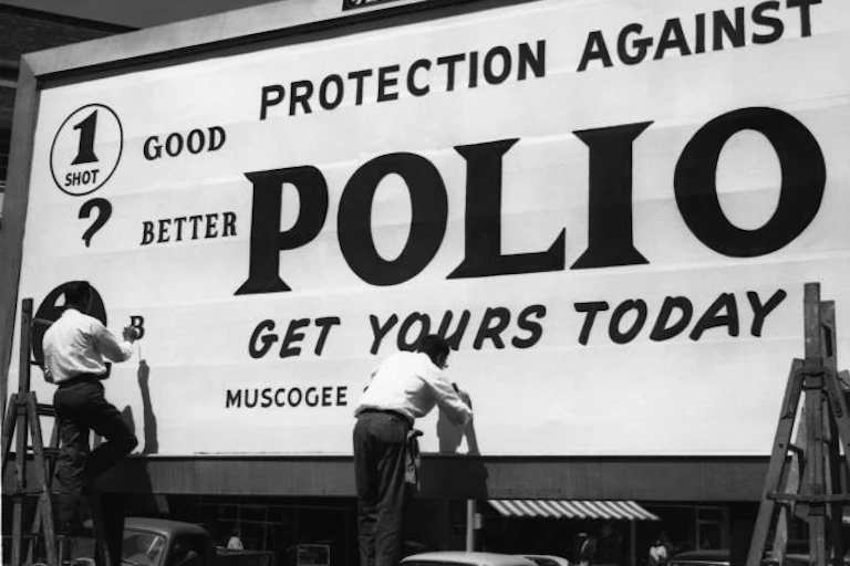 This historical image, which depicted workers creating a billboard in Columbus, Georgia, showing one of the communication modes, the billboard, used to promote public health awareness, in this case, polio vaccinations within a community. This campaign was produced by the former U.S. Department of Health, Education and Welfare's (HEW), Public Health Service (PHS), Bureau State Services (BSS), and what was the Communicable Disease Center (CDC), in cooperation with the Georgia Department of Public Health and the Muscogee Health Department. The billboard, as well as television, magazines, and pamphlets, are only some of the myriad of modalities implemented when information of this kind is disseminated throughout society, and across cultural barriers.