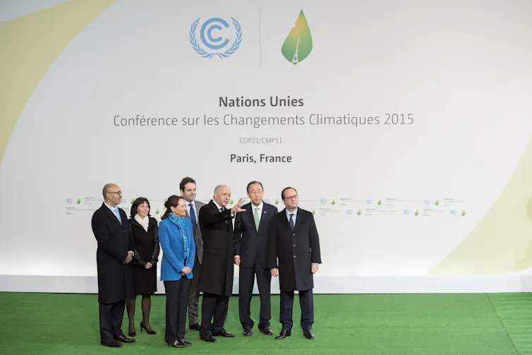 François Hollande, Ban Ki-moon, Laurent Fabius, Segolene Royal and Harlem Desir waiting Heads of state during the arrival at the Paris COP21