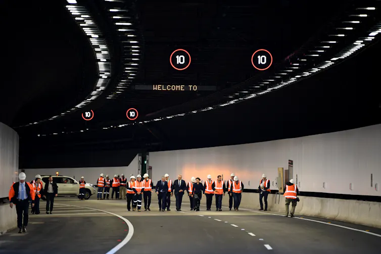 Prime Minister Scott Morrison and NSW Premier Gladys Berejiklian use the NorthConnex tunnel for a photo opportunity in June 2020.