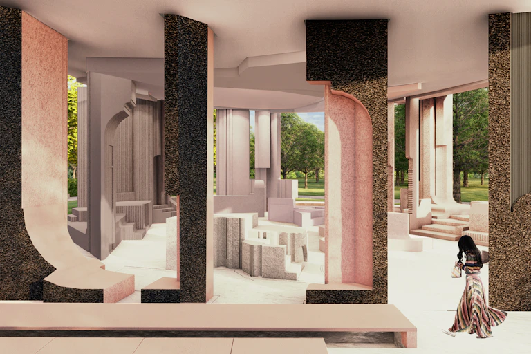 A fashionably dressed woman enters a space without walls, where angular columns hold up the roof and smaller clusters of seating emulate the columns.