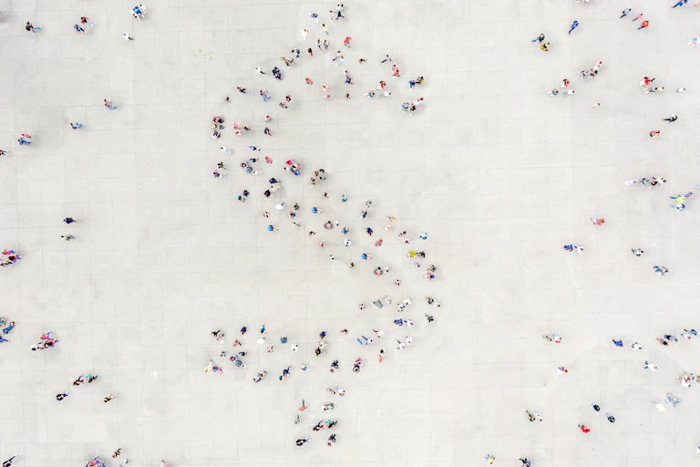 People arranged into the shape of a dollar sign