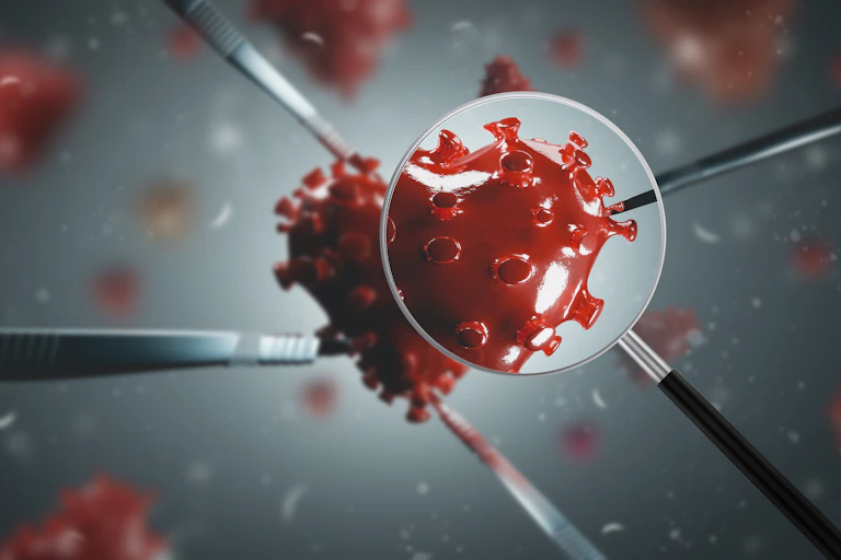 Red coronavirus held under magnifying glass and prodded by tweezers