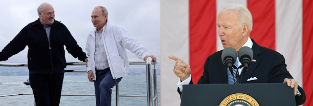 Left: Alexander Lukashenko and Vladimir Putin pose casually by the railing of a yacht. Right: Joe Biden stands at a podium delivering a speech with the American flag hanging behind him. Right: Alexander Lukashenko walks down stairs looking stern.