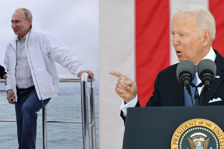 Left: Alexander Lukashenko and Vladimir Putin pose casually by the railing of a yacht. Right: Joe Biden stands at a podium delivering a speech with the American flag hanging behind him. Right: Alexander Lukashenko walks down stairs looking stern.