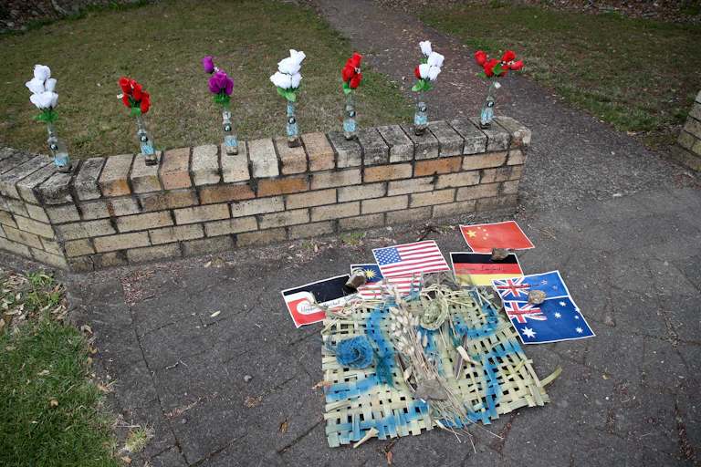 A memorial to the peopel who died when Whakaari White Island erupted on December 9, 2019