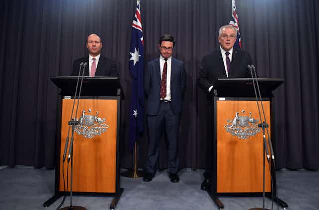Prime Minister Scott Morrison, Treasurer Josh Frydenberg and Agriculture Minister David Littleproud at a Canberra press conference.