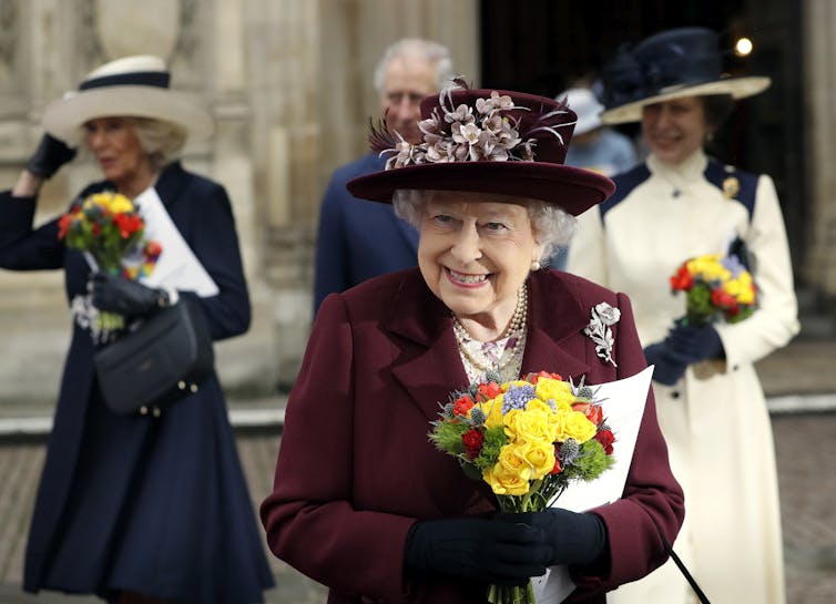 The queen leaves Westminster Abbey' followed by Camilla' Prince Charles and Princess Anne.