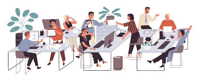 An illustration of a group of people working in an office.