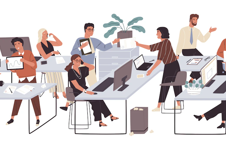 An illustration of a group of people working in an office.