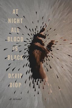A book cover with an illustration of a hand, reaching up, splintering as if liquid and the words, 'At Night All Blood Is Black'