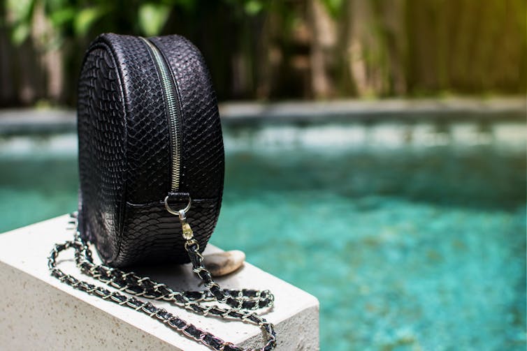 Snakeshin bag next to a swimming pool