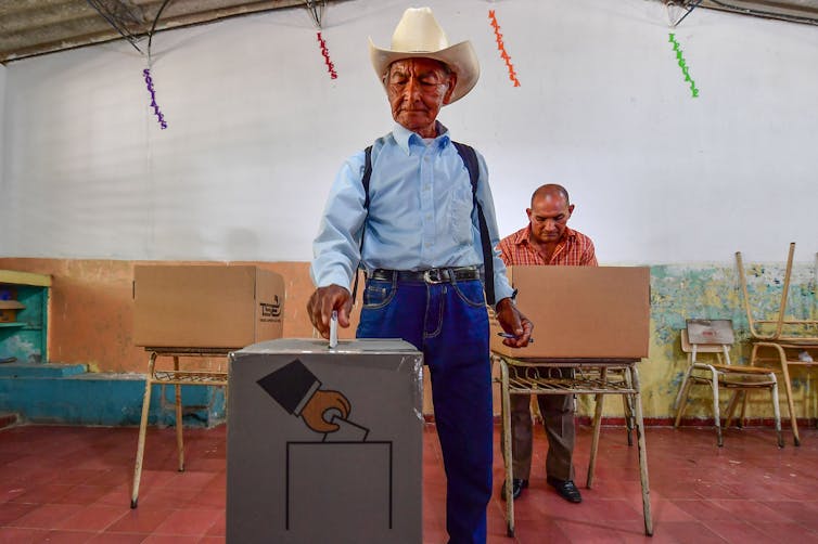 A farmer casts his ballot