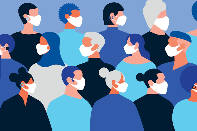 Multi-racial faces in profile wearing masks.