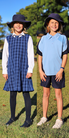 Girl wearing traditional uniform, and same girl wearing sports uniform.