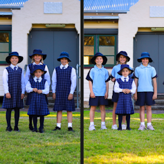 Students in traditional uniform and sports uniform.