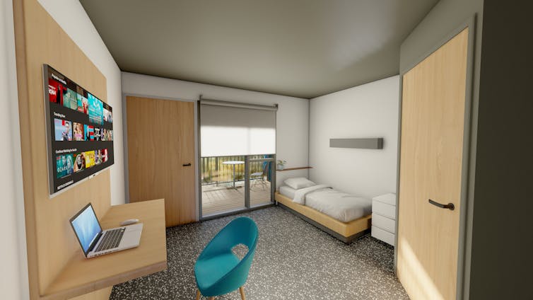 A graphic render of a room in proposed alternate quarantine accommodation