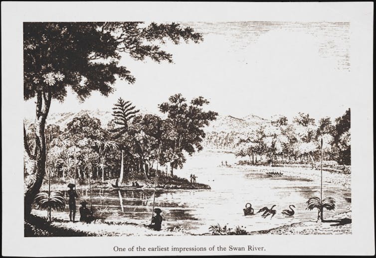 black and white print of early Australian river scene
