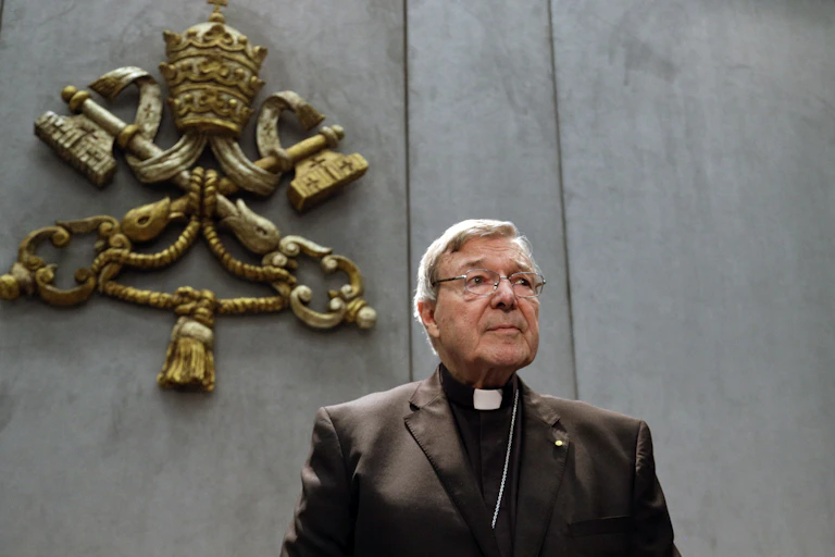 George Pell preparing to make a statement at the Vatican in 2017.
