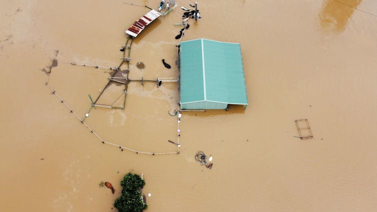 House roof visible above floodwaters