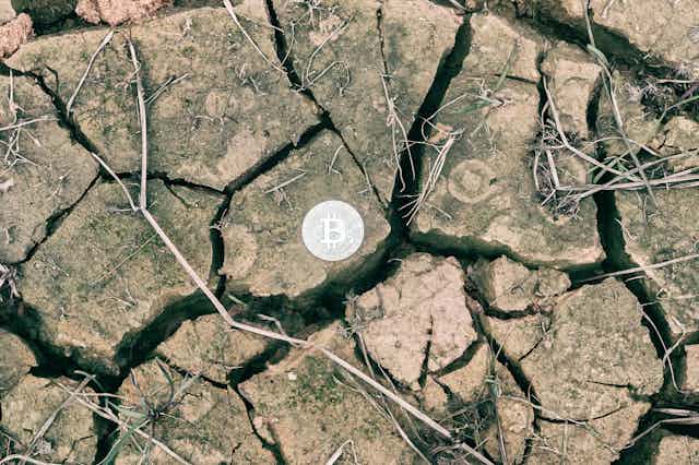 Keping bitcoin dengan latar belakang tanah retak. 