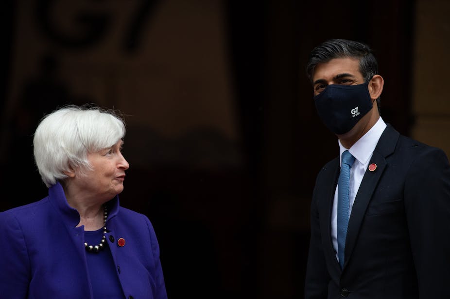 US and UK finance ministers Janet Yellen and Rishi Sunak at G7 meeting in London. 