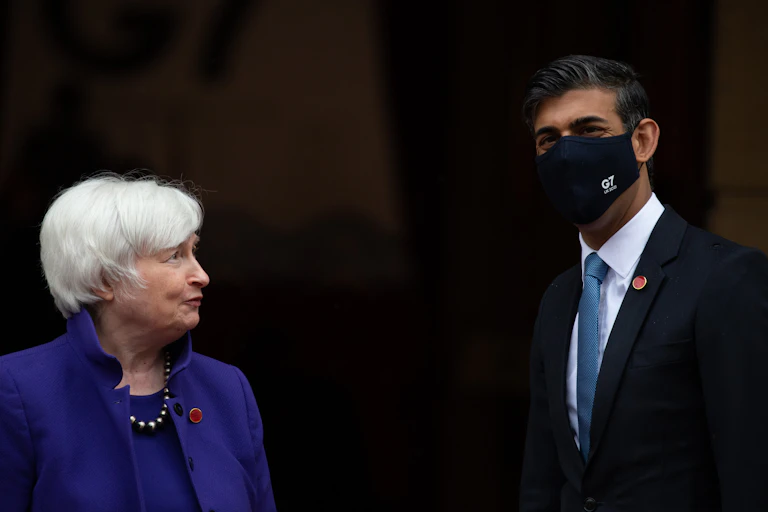 US and UK finance ministers Janet Yellen and Rishi Sunak at G7 meeting in London.