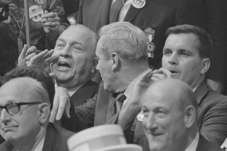Chicago mayor Richard Daley yells at a speaker during the 1968 Democratic National Convention.