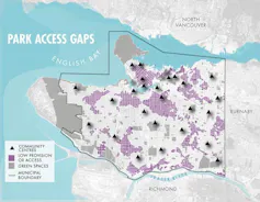 Map of Vancouver, showing areas with low amounts of park space per person.